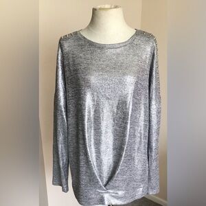 International Concepts Blouse Womens Sz L Shiny Black Silver Knot Front Long Slv